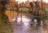 Famous Orchard Paintings - An Orchard On The Banks Of A River